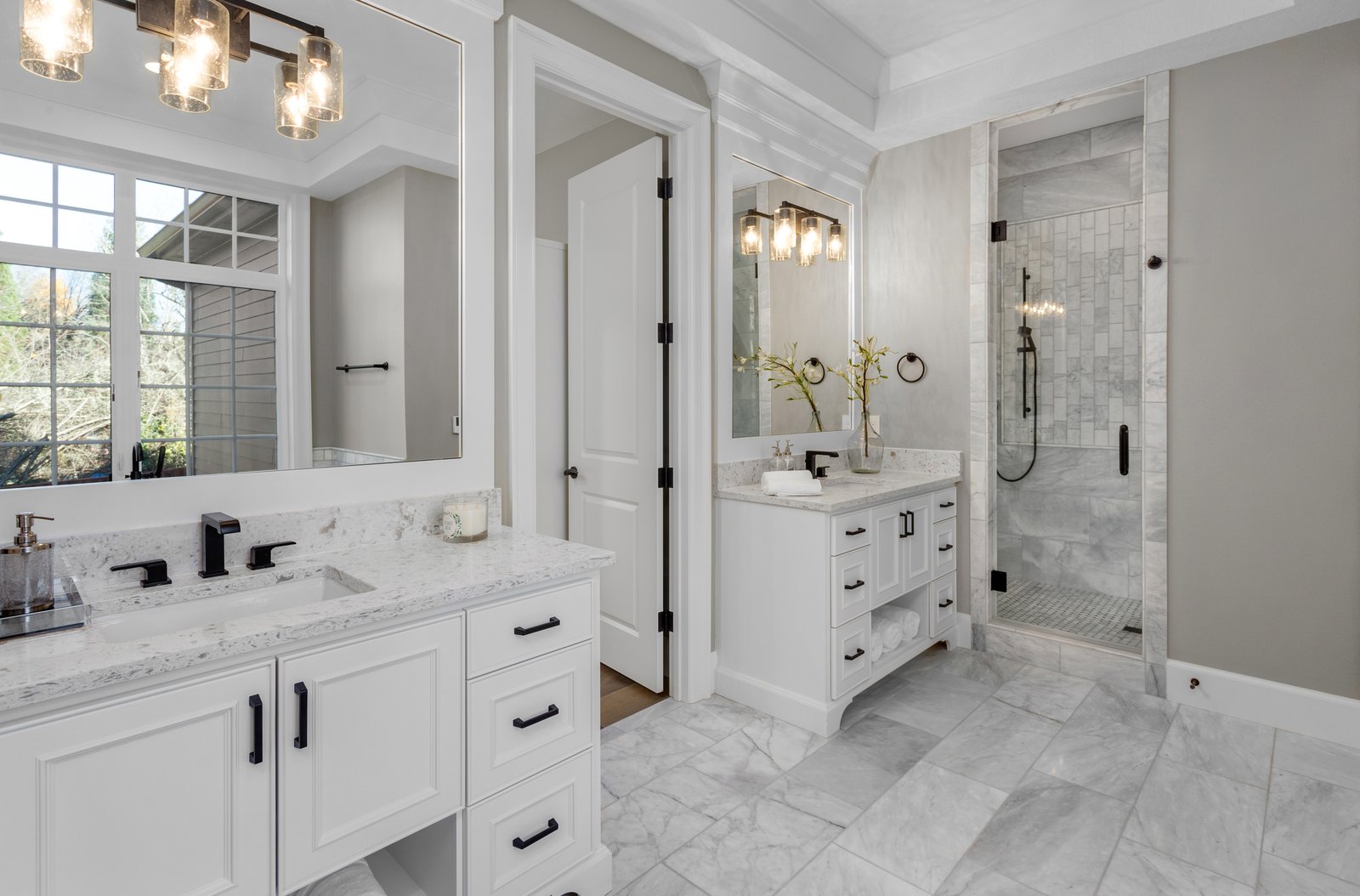 Brightwood + Remodel primary bath sink and shower by Reschka Design Build