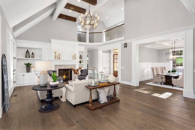 Oakwood + Haven living room chandelier design by Reschka Design Build